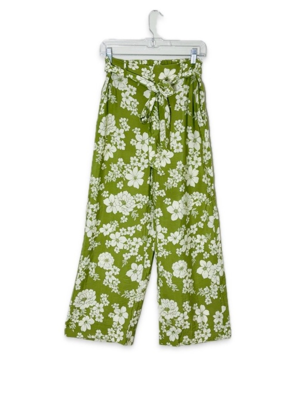 MNG Floral Wide-Leg Cropped Pants Front Tie High-Rise 30” Waist Size M Green